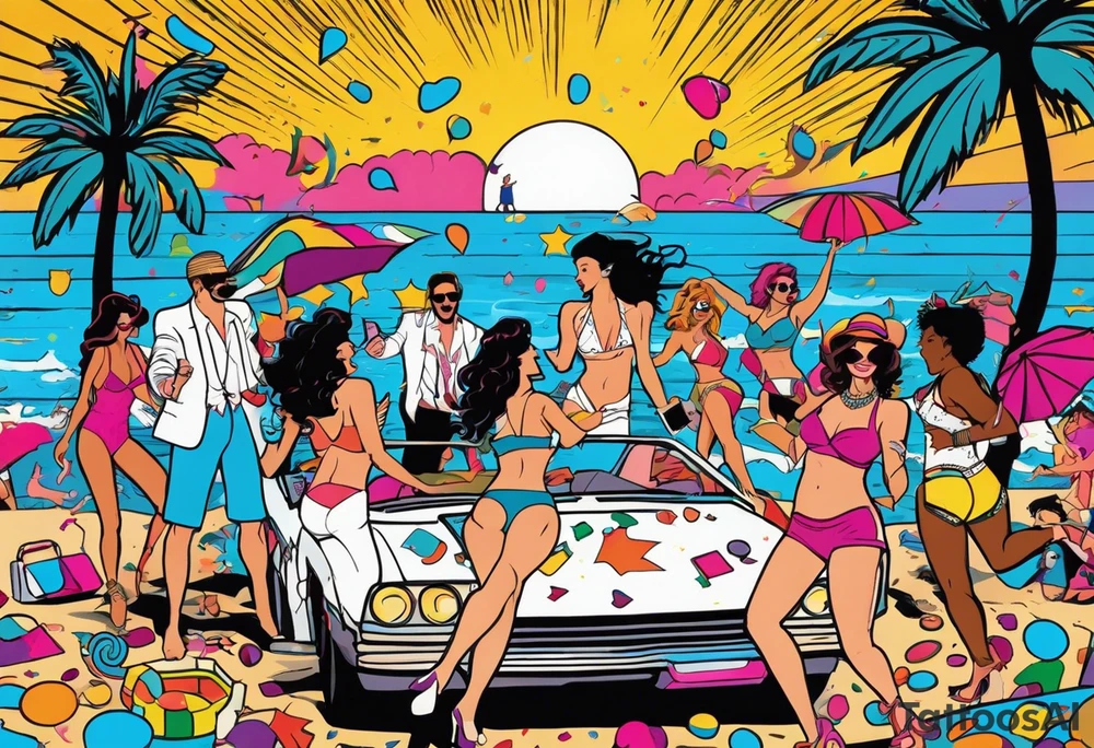 1980's miami vice style beach dance 
party, include confetti, music notes, boom box, bikinis sunset in the center tattoo idea