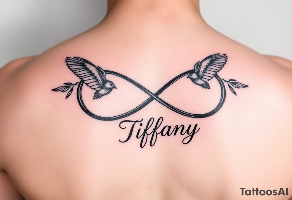 Infinity symbol with birds and the name Tiffany attached to the symbol tattoo idea