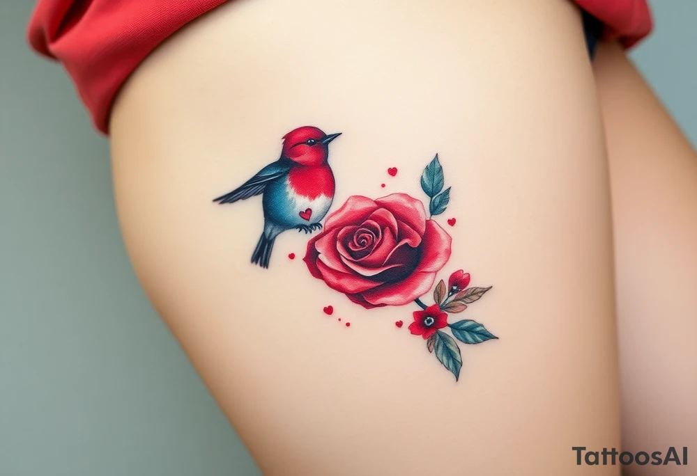 Small red rose and red robin with a infinity heart on hip tattoo idea