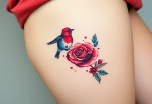 Small red rose and red robin with a infinity heart on hip tattoo idea