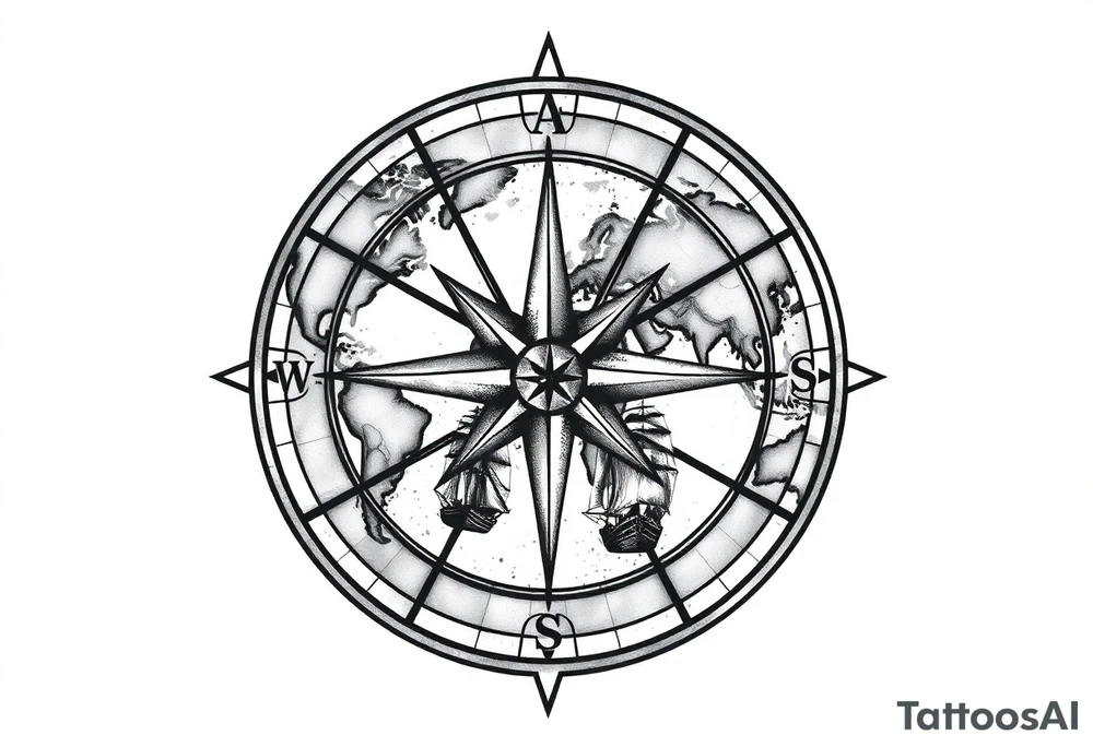 antique compass rose overlaid on weathered world map with sailing ships tattoo idea