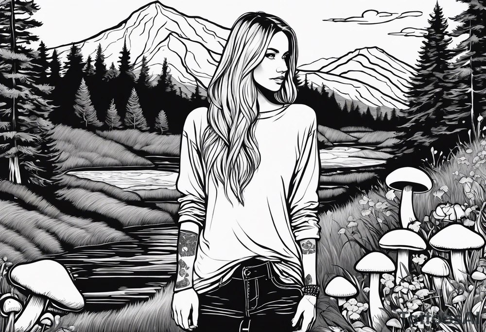 Whole picture encircled fully

Straight long blonde hair hippie girl in distance holding mushrooms in hand facing away toward mountains and creek surrounded by mushrooms long sleeve shirt and hiking pants; whole rendering within a full circle, no cut off circle tattoo idea