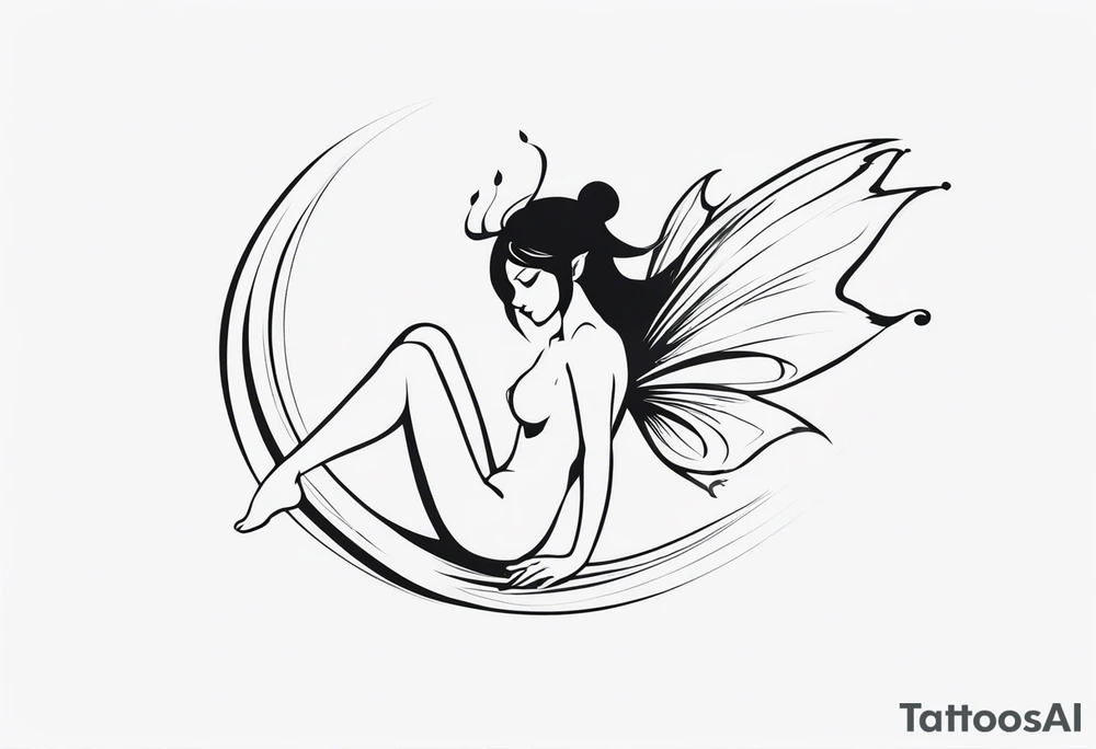 Minimalistic, monochromatic fairy with a tail flying to the left in a fetal position, leaning and looking in the same direction, with visible hands, embodying the 'Fairy Tail' logo aesthetic. tattoo idea