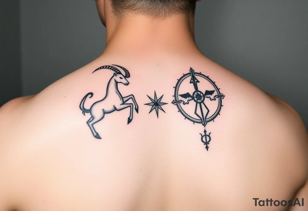 combine the symbols for capricorn and sagittarius with some celestial items interspersed small and combine them together and use the zodiac symbol. this should be one small tattoo with both symbols tattoo idea