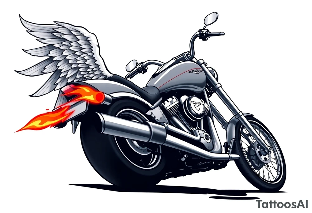 Low rider grey motorcycle, big muffler pipes with flames, angel wings, driving away, no person tattoo idea