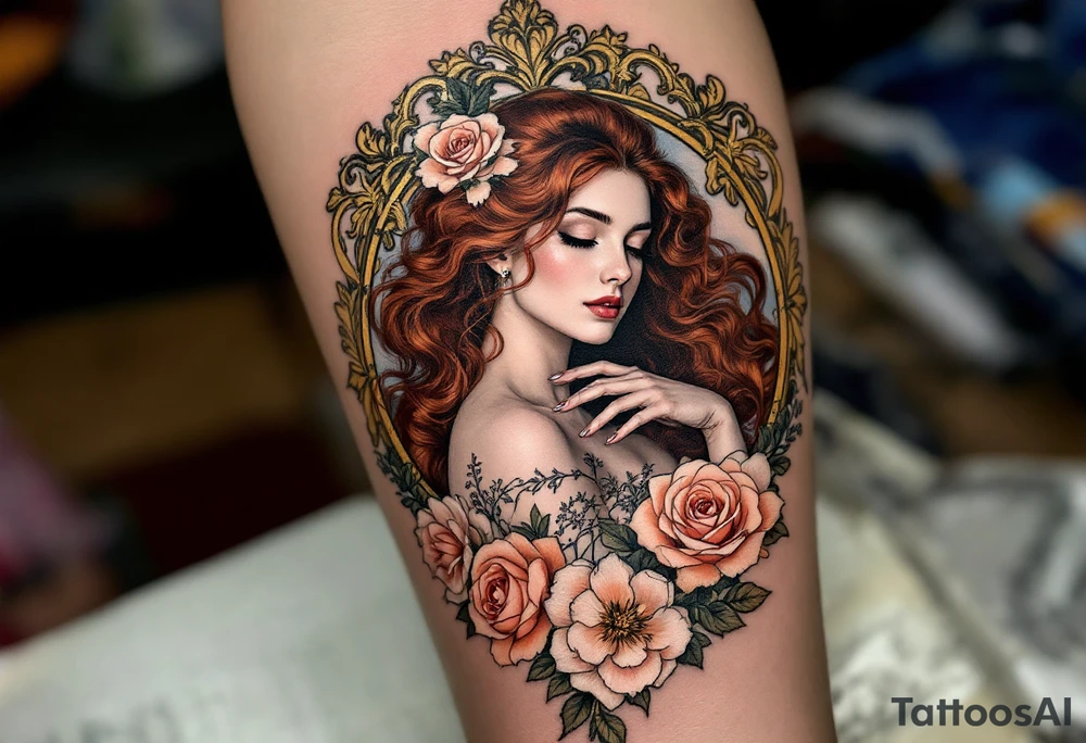 Alfons Mucha’s graceful woman with flowing auburn hair, framed by ornate golden floral patterns and soft pastel roses. tattoo idea