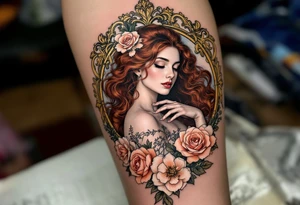 Alfons Mucha’s graceful woman with flowing auburn hair, framed by ornate golden floral patterns and soft pastel roses. tattoo idea