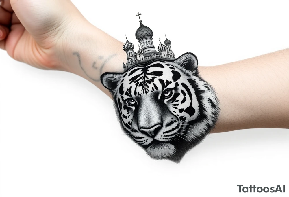 Realistic tiger face on the back of the hand with strong contrast and fine detail with hollow black eyes. with a highly detailed Russian Orthodox cathedral sitting above on fore arm with onion domes and orthodox crosses, done in fine line, engraving-like style. Cohesive composition, black ink only, no color, high contrast, slightly aged, documentary-style, plain light background. with clouds above and a virgin mary 
spanning from my hand to lower fore arm tattoo idea