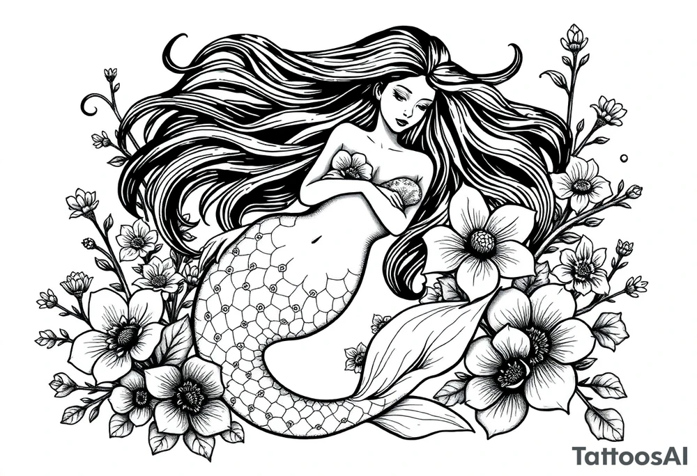 ethereal mermaid with flowing hair among coral and sea flowers tattoo idea