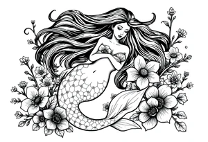 ethereal mermaid with flowing hair among coral and sea flowers tattoo idea