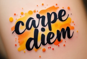 Bold brush-painted black text "carpe diem", surrounded by splashes of golden yellow and orange like a sunrise. tattoo idea