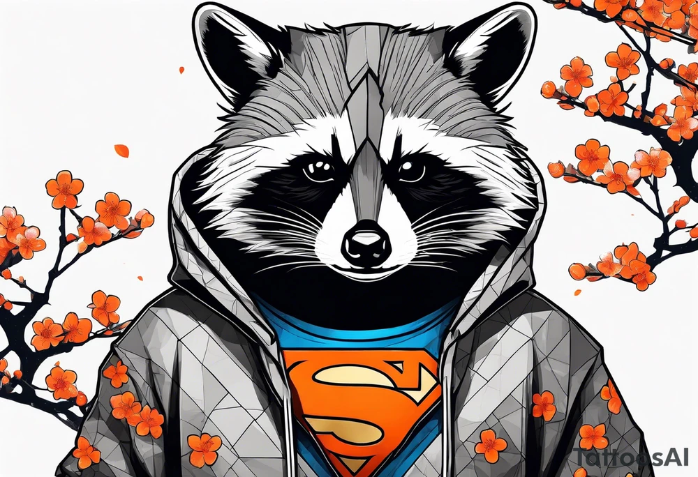 raccoon wearing a black and white Superman hoodie and orange Japanese cherry blossoms tattoo idea