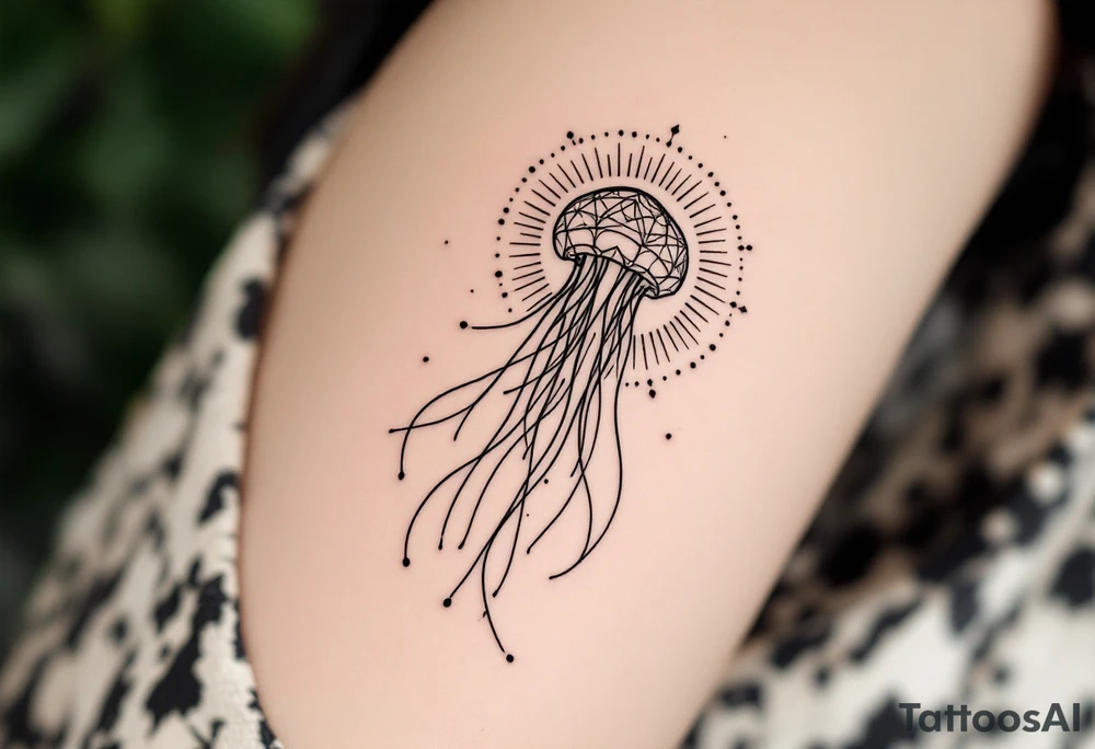 small, minimal fine-line tattoo, single jellyfish, sacred geometry surround, dotwork patterns, jellyfish bell dome, flowing tentacles, trailing streamers, geometric mandala, radiating dotwork, minimalist design, black grey lines, soft shading, no outlines, geometric frame, organic jellyfish form, upper arm shoulder placement, light airy feel, delicate linework, geometric backdrop, clean lines, radiating patterns, simple jellyfish centerpiece, minimalist, psychedelic tattoo idea