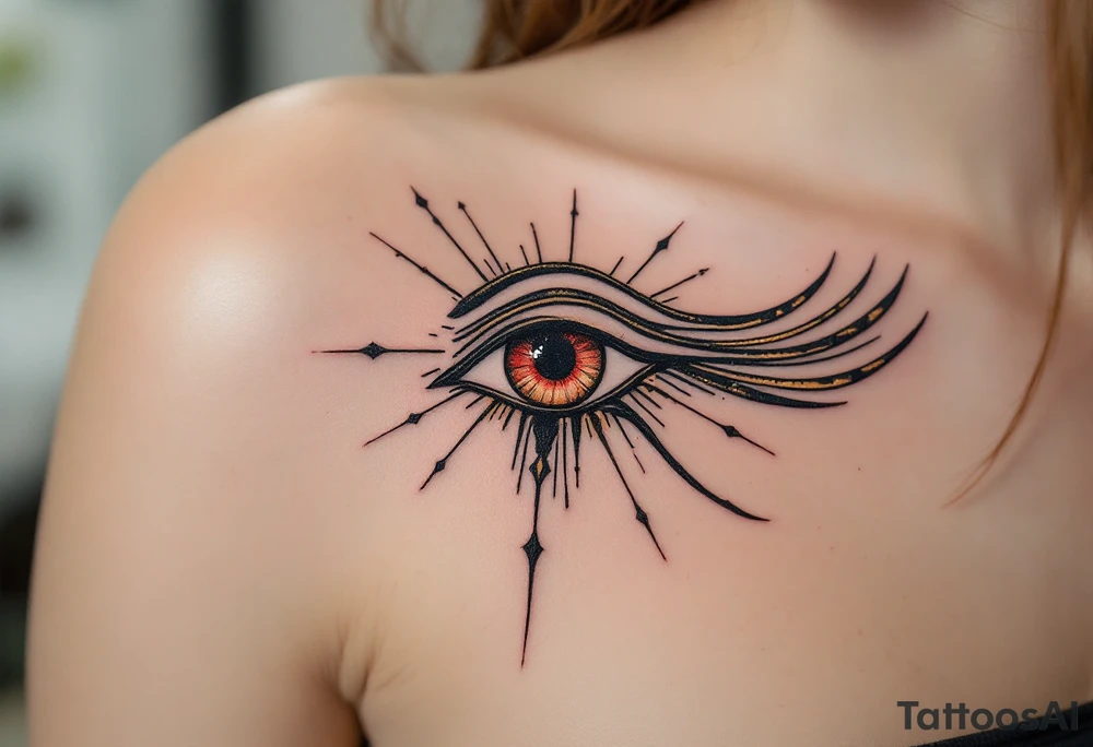 A crimson eye of Horus with black shading and golden rays extending outward. tattoo idea