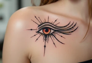 A crimson eye of Horus with black shading and golden rays extending outward. tattoo idea