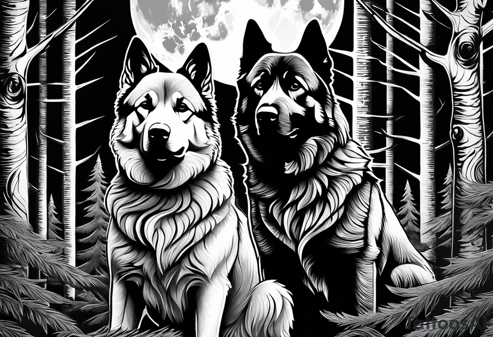 two norwegian elkhounds guarding a dark forest tattoo idea