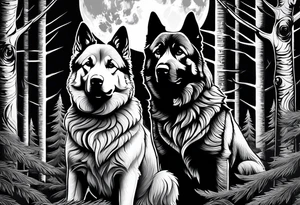 two norwegian elkhounds guarding a dark forest tattoo idea