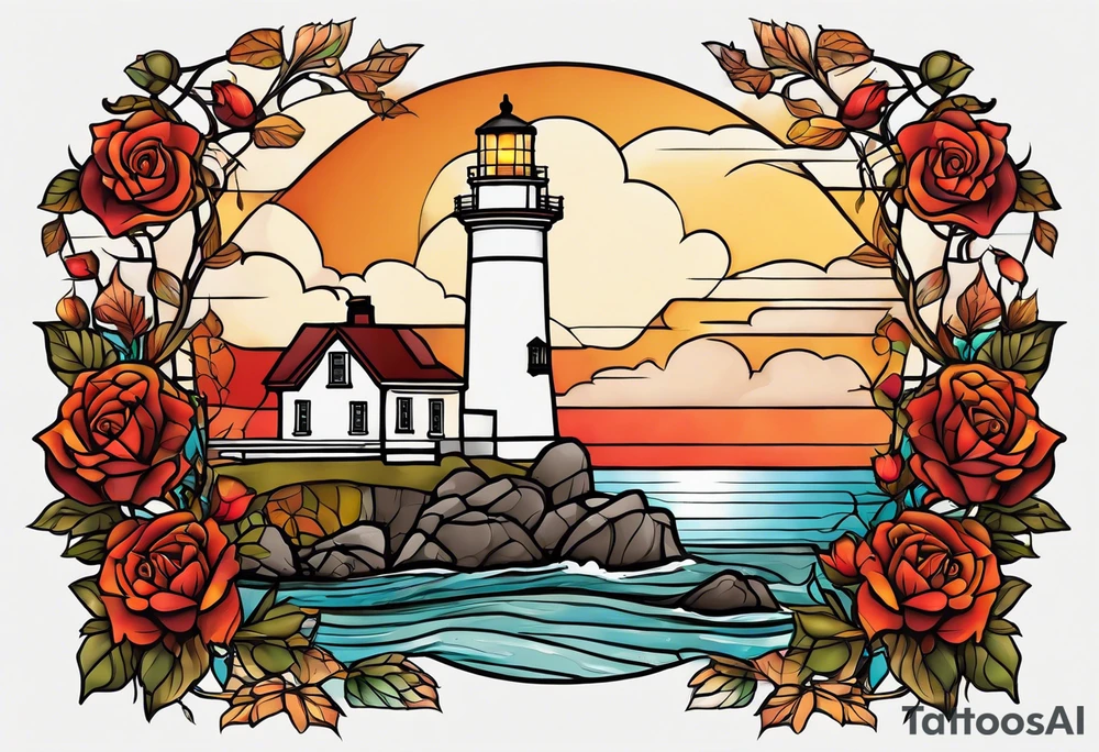 thigh placement in fall colors, showing, light house, water, rocks, sky, clouds, leaves, roses tattoo idea