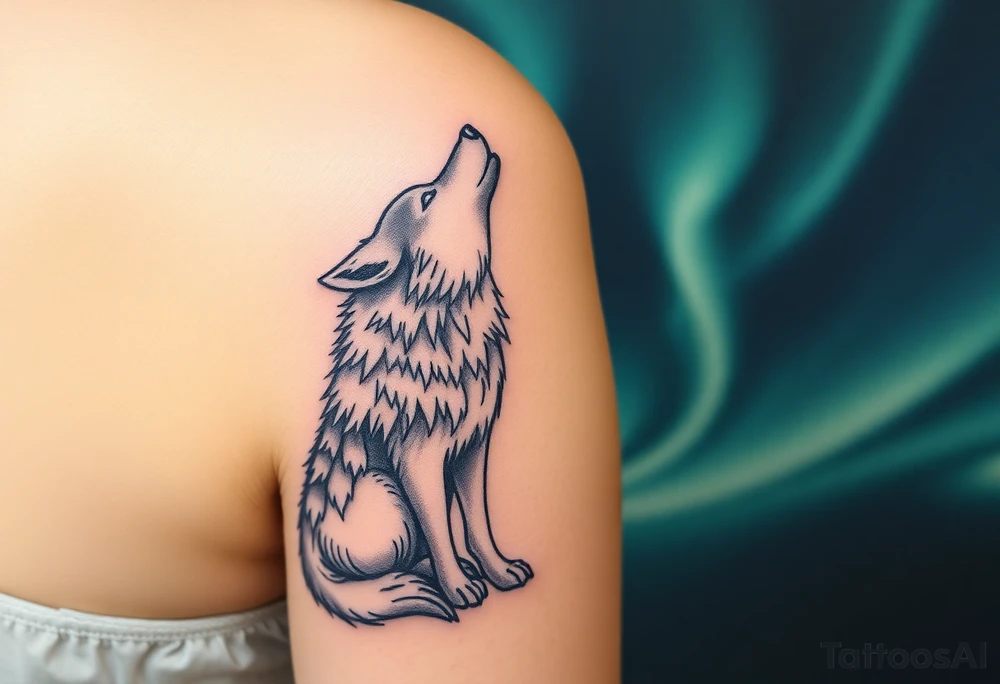 lone wolf howling at full moon with northern lights backdrop tattoo idea