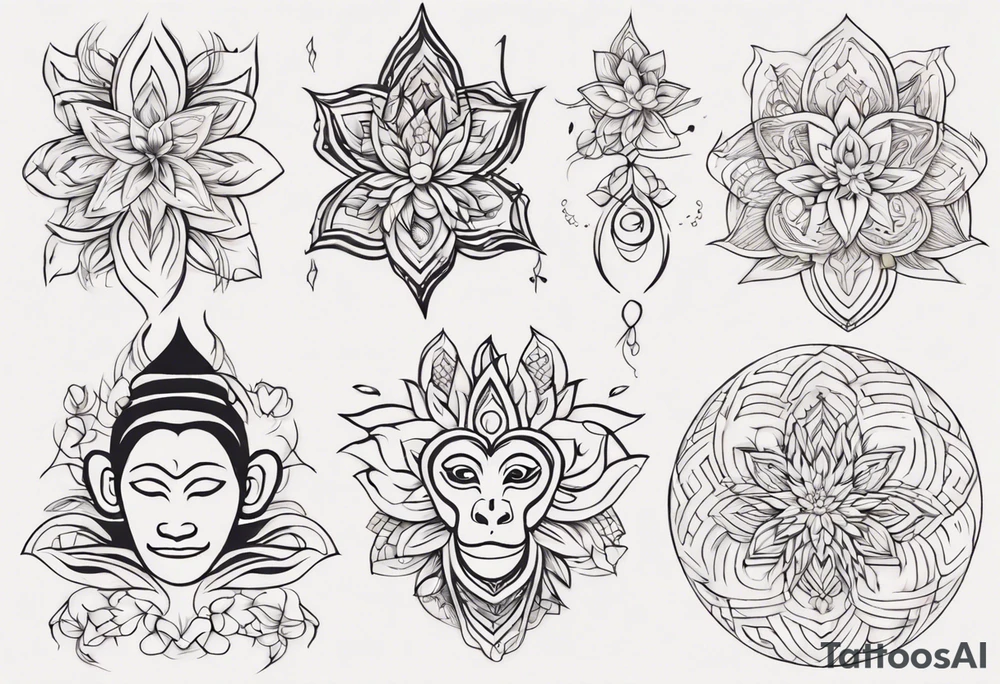 Create a tattoo with five separate images that are connected vertically by a single line. The images are an abstract icon monkey, a pie icon, the breathe yoga symbol and Thai for ten. Add some floral accents. Make it look feminine tattoo idea