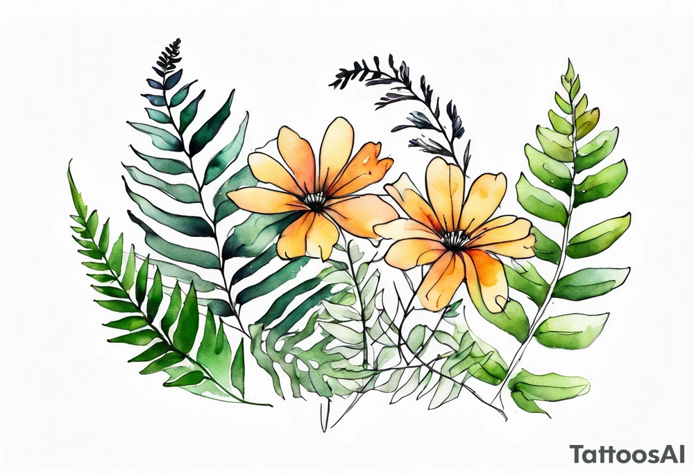 Three wild flowers with ferns all watercolor tattoo idea