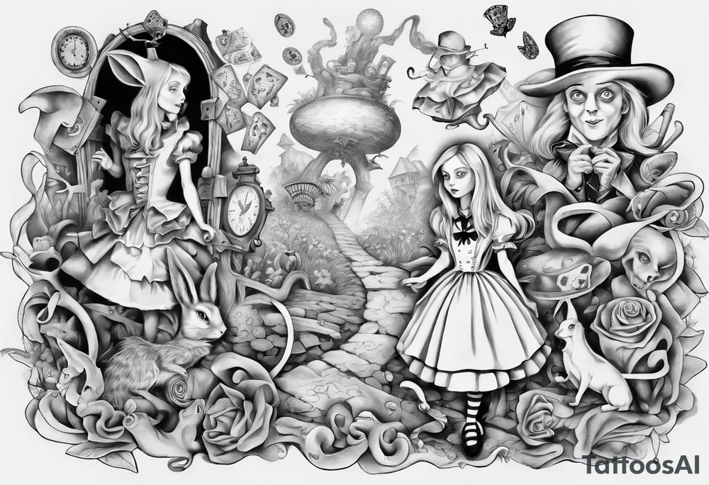 Alice in wonderland mural, "Alice, Don't Get Lost In Wonderland" tattoo idea