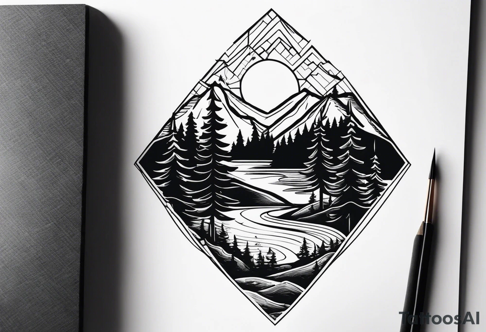 Small campfire in the center, right side: an evergreen tall tree, left side: mountain stream tattoo idea