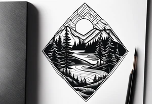 Small campfire in the center, right side: an evergreen tall tree, left side: mountain stream tattoo idea