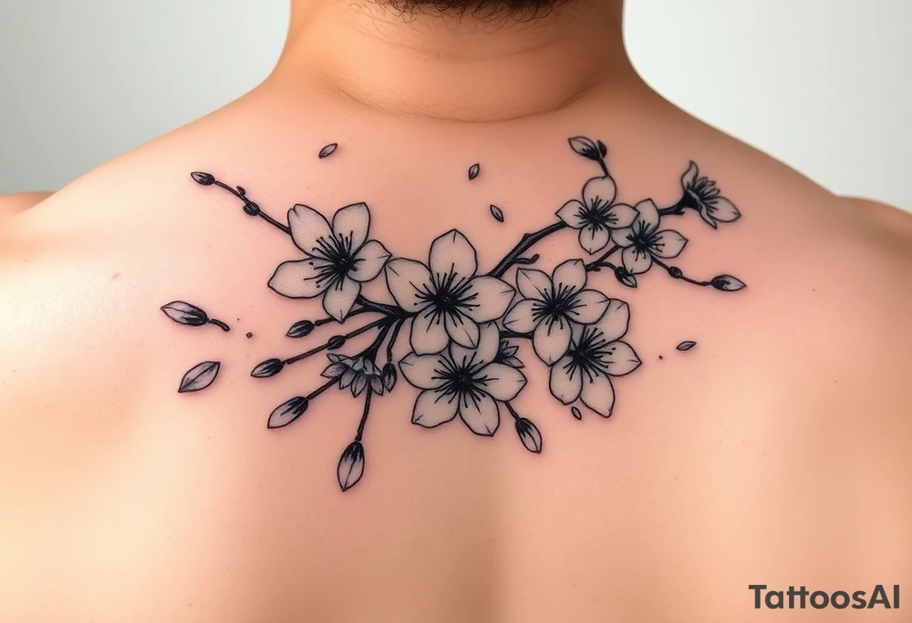 delicate cherry blossoms swirling in spring breeze with petals tattoo idea