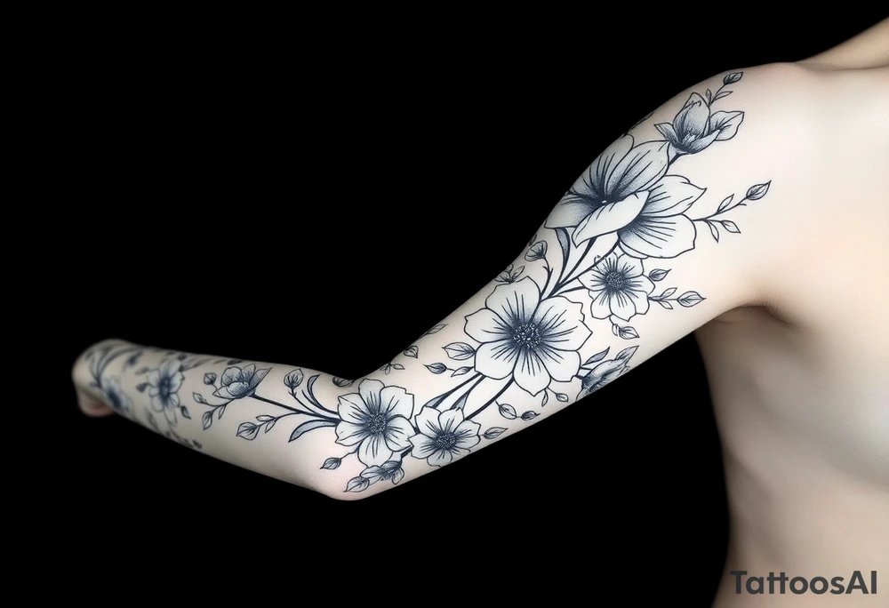 Brush style full sleeve with flowers. Not perfect lines. Abstract. Artistic. Unique tattoo idea