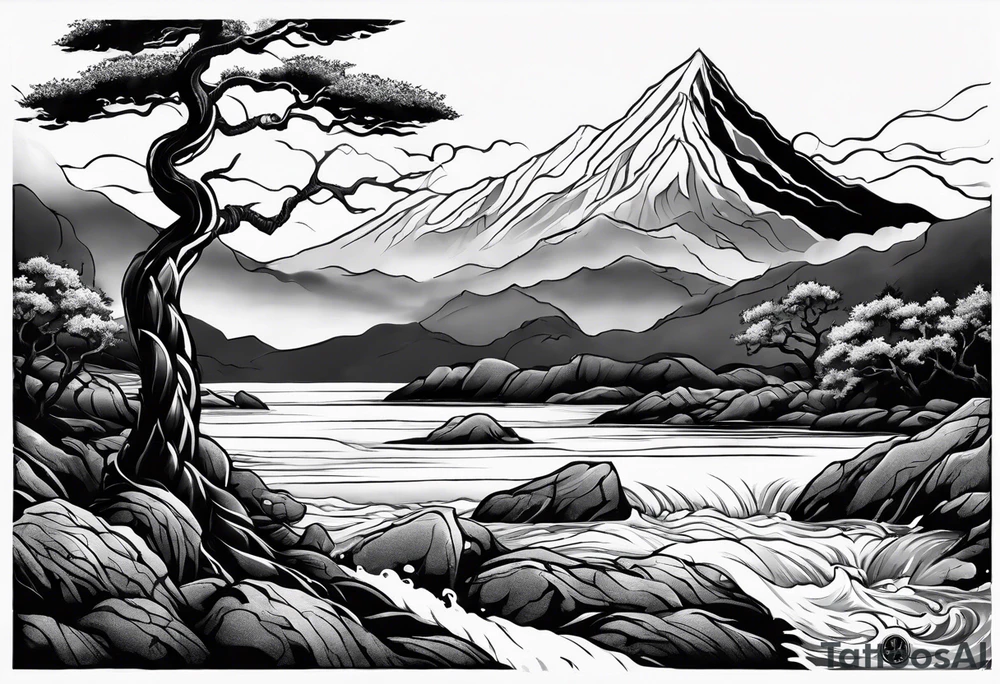 Full arm sleeve, tree going up to shoulder dead tree going down to wrist, wrapped in a serpent moving down with mountain and water elements tattoo idea