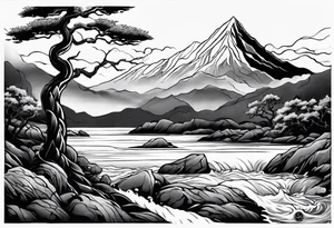 Full arm sleeve, tree going up to shoulder dead tree going down to wrist, wrapped in a serpent moving down with mountain and water elements tattoo idea