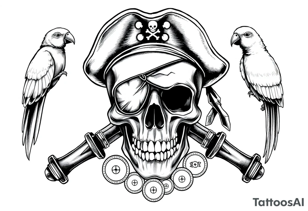 skull with eye-patch,pirate-hat,sabers,parrot,coins. tattoo idea