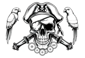skull with eye-patch,pirate-hat,sabers,parrot,coins. tattoo idea