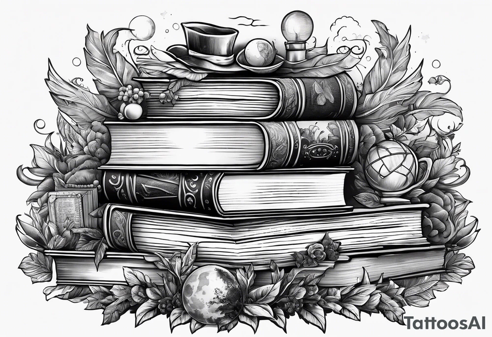 Stack of books surrounded by fantasy literary elements tattoo idea