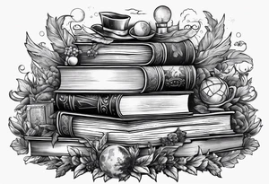 Stack of books surrounded by fantasy literary elements tattoo idea