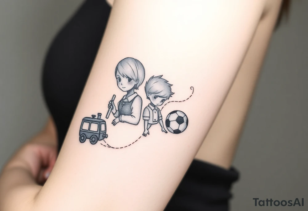 A mother with two boys, a small train toy and a small football toy. tattoo idea