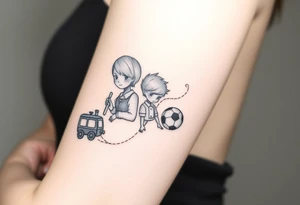 A mother with two boys, a small train toy and a small football toy. tattoo idea