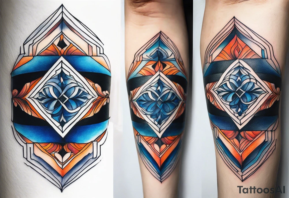 semi Detailed neo traditional knee tattoo flat on paper. The tattoo features geometric patterns and bold lines, creating a visually striking design with slight tints of deep fall colors. The background 
outside the tattoo features deep blues washes and water swirls tattoo idea