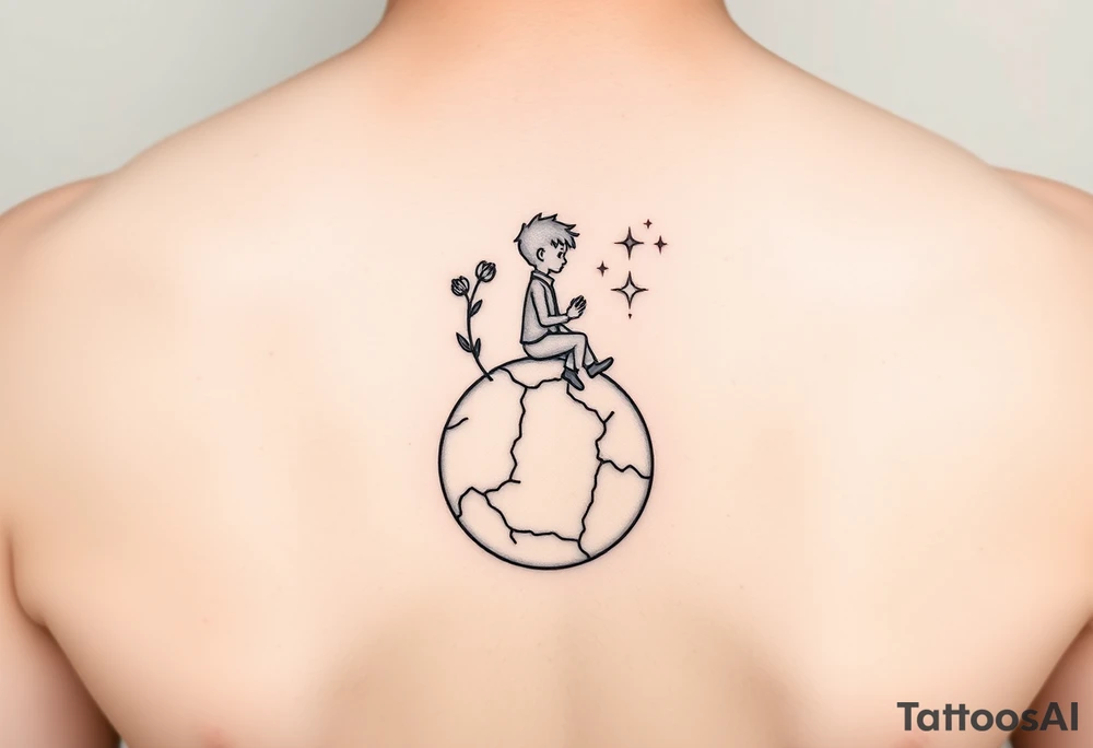 A minimalist, masculine silhouette of The Little Prince sitting calmly on a small cracked planet. The broken clock is represented by a simple partial clock face floating behind him. A single stylized flower grows from the planet’s surface. A small, simple star glows softly on his chest. The overall design uses clean, fine lines with minimal shading, focusing on simplicity and subtle symbolism. tattoo idea
