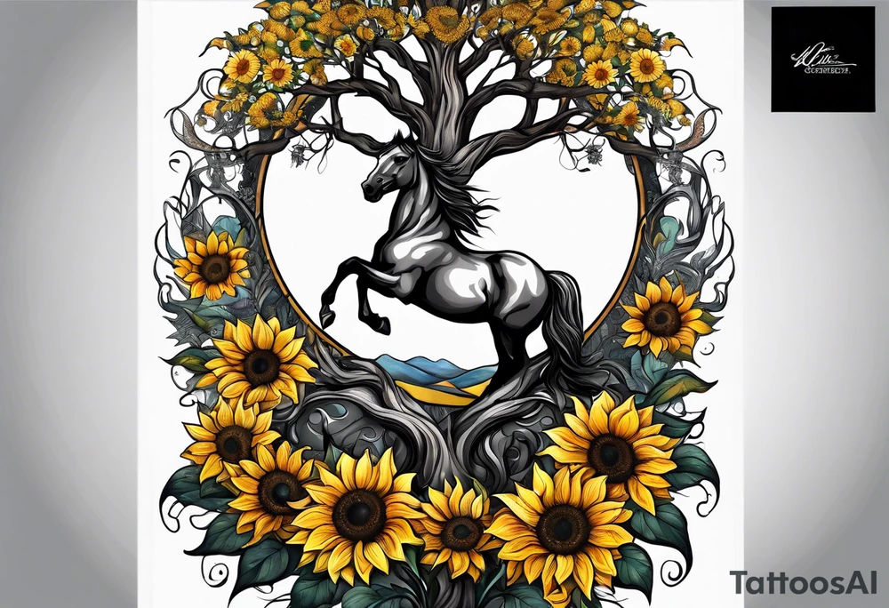Yggdrasil tree, horse in front of it, and sunflowers tattoo idea