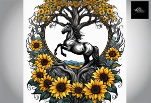 Yggdrasil tree, horse in front of it, and sunflowers tattoo idea
