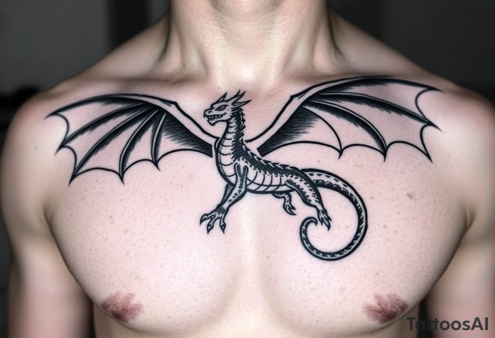 Dragon flying with outstretched wings, facing forward, with a long and slender body, the head slightly higher than the wings, and the tail curling out to one side tattoo idea