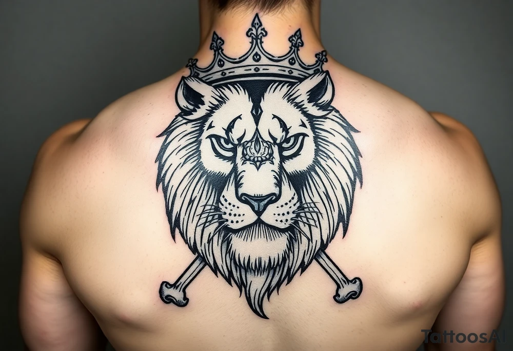 powerful majestic lion with third eye and a crown of bones tattoo idea