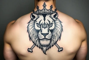 powerful majestic lion with third eye and a crown of bones tattoo idea