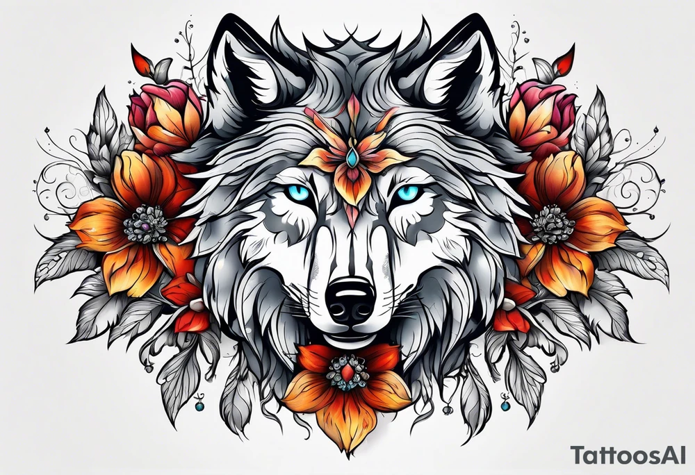 Wolf, flower, cross tattoo idea