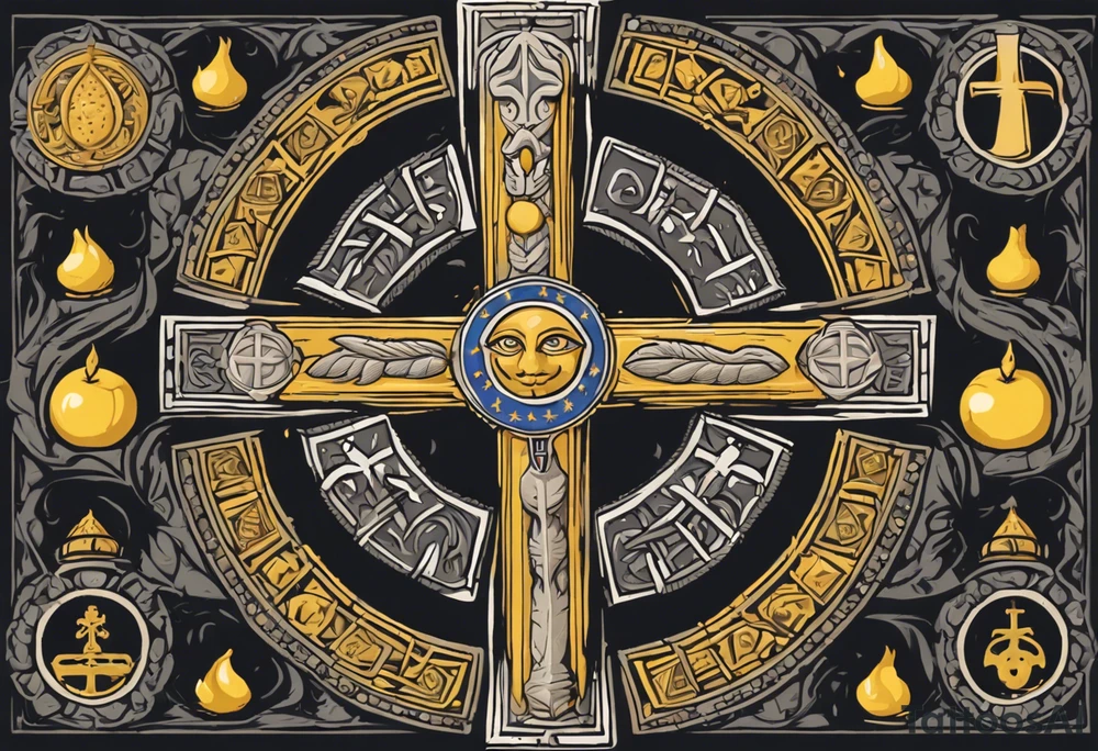 A medieval cross with an assyrian flag in the middle. A crown om top of the cross. The assyrian king Sennacherib. A sun and a moon. A cloud with rain and thunder. charizard. an imperfect cirkle. a candle. a swan. lemons. the god asshur with wings. an ankh. angel wings with a halo. surrounded by olive branches and feathers. all black and white. no shadowing. tattoo idea