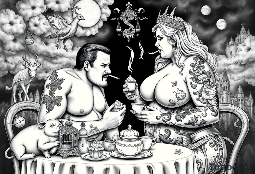 Naked Man and fat woman having sex eating cupcakes and  fruit  having sexy naked fat lady having a tea party with tea pots  swith fancy castle  
with mystical  aries a pigs, peacock,  lion, goat, noose and smoking cigerettes looking in the mirror thru storm clouds and broken hearts and darkness and wrath, envy , gluttony, greed, sloth, pride . Gothic tattoo idea
