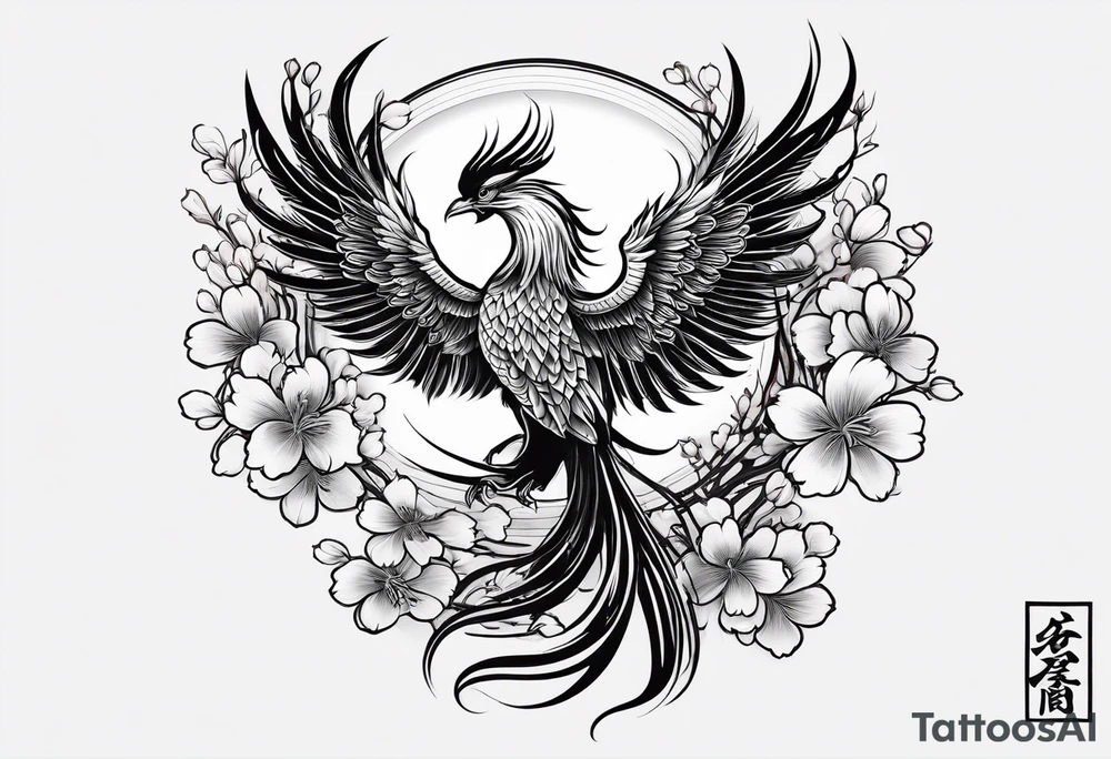 traditional Japanese phoenix and cherry blossoms blank background tattoo idea