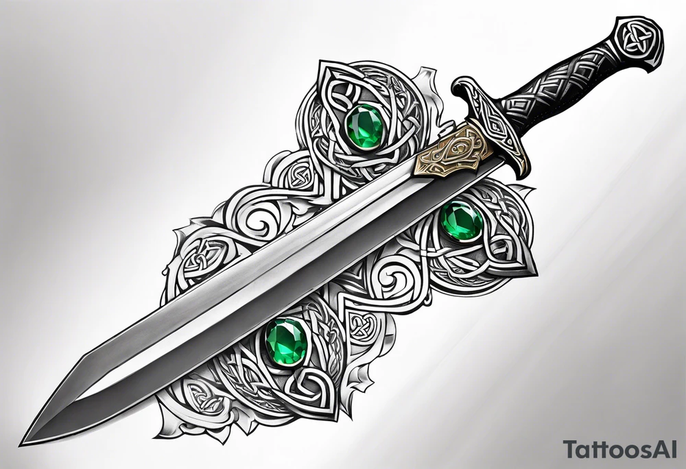 A Celtic athame dagger with the hilt turned upward and an emerald gemstone on the hilt not on the blade tattoo idea